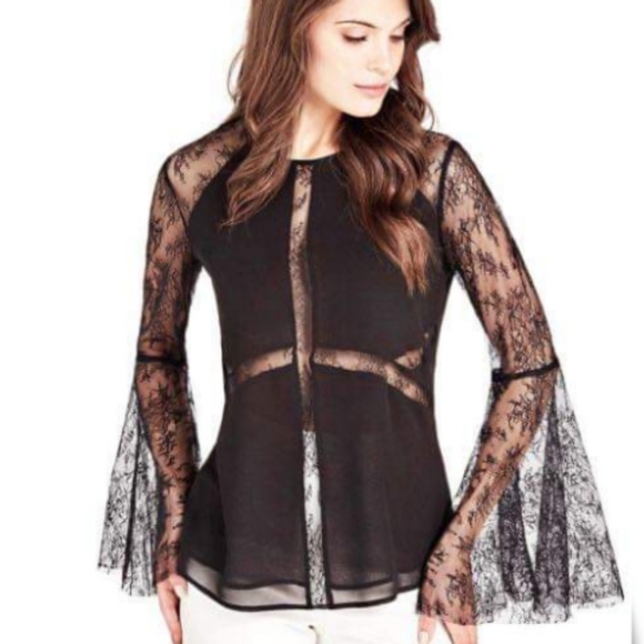 New GUESS BY MARCIANO Lace Sleeve Blouse SZ S - Picture 1 of 2